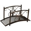 Outsunny 3.3FT Metal Zen Garden Bridge, Decorative Arch, Safety Siderails, Floral Scrollwork, Brown